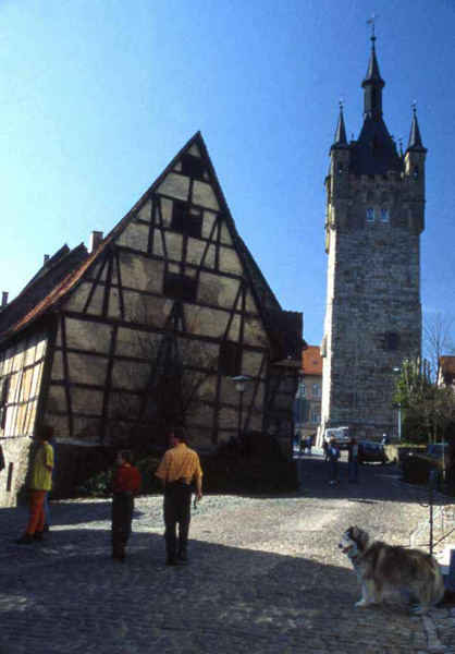 half-timbered houses and the blue tower