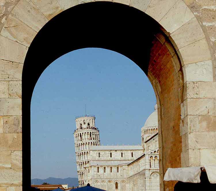 leaning tower through arch